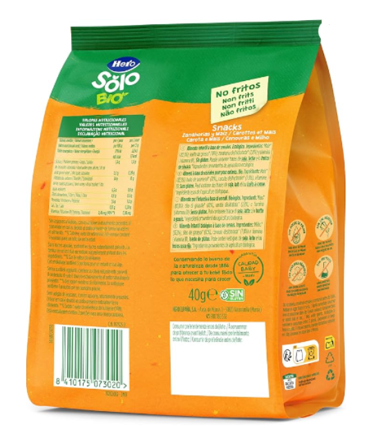 Hero Solo BIO - Snack Carotte et Mais Biologiques - pour Bébés Des 10 Mois