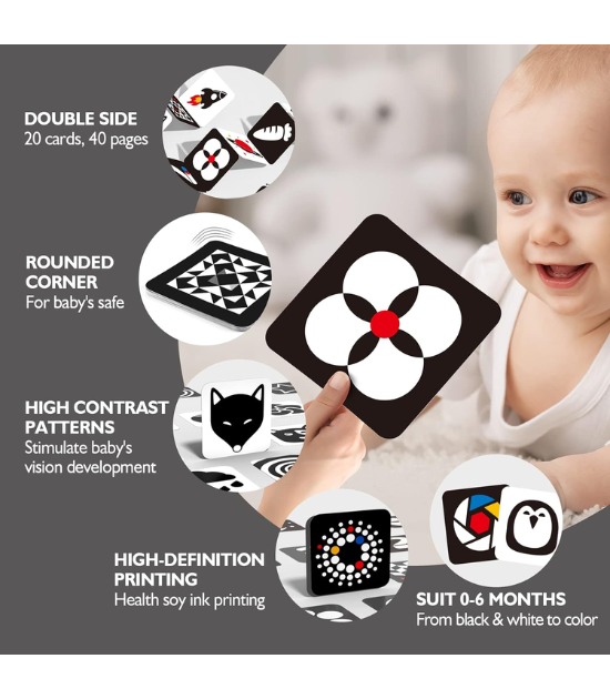 Jouets Cartes Visuelles pour Bébé 15 cm x 15 cm - Cartes Flash Épaissies et Plus Larges pour la Stimulation Sensorielle des 0-6 Mois (40 Cartes)