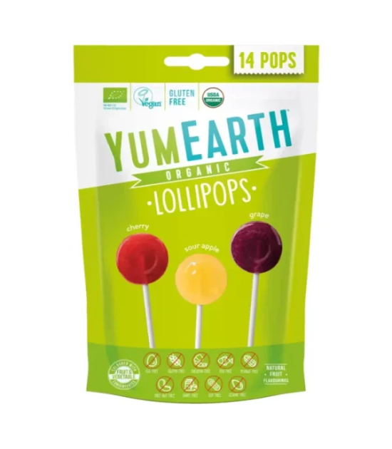 Yum Earth 14 Sucettes Pops Pomme Cerises Raisins Acidulés sans Gluten