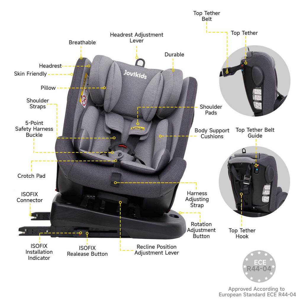 Siège auto pour bébé Jovikids Angela avec Isofix 360° 0/1/2/3, 0-12 ans - Gris