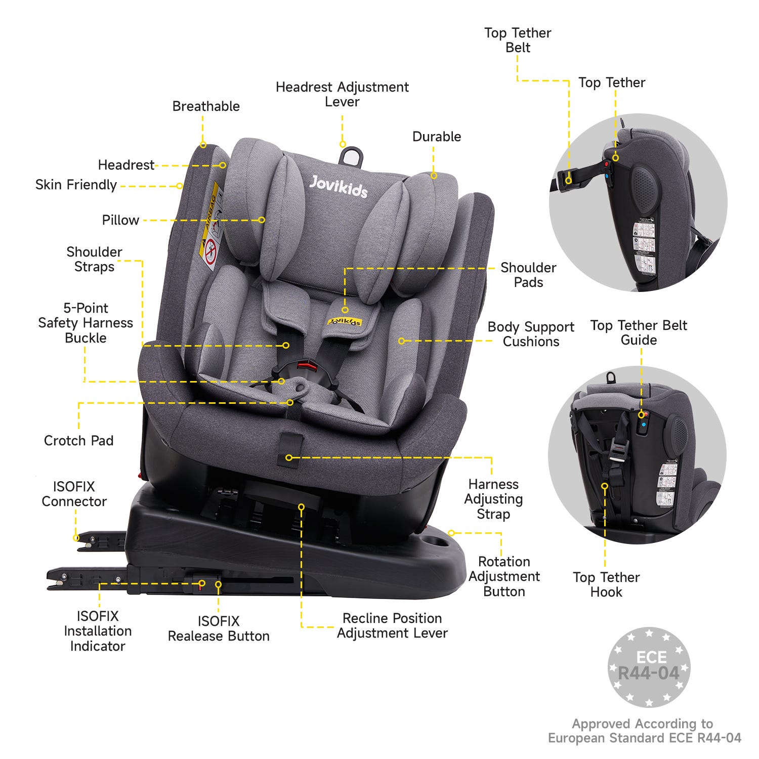 Siège auto pour bébé Jovikids Angela avec Isofix 360° 0/1/2/3, 0-12 ans - Gris Rayé