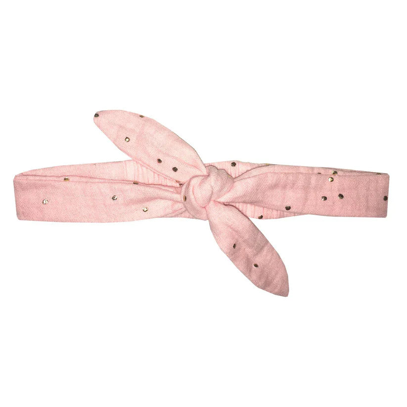 Bandeau à nouer gaze rose blush pois or
