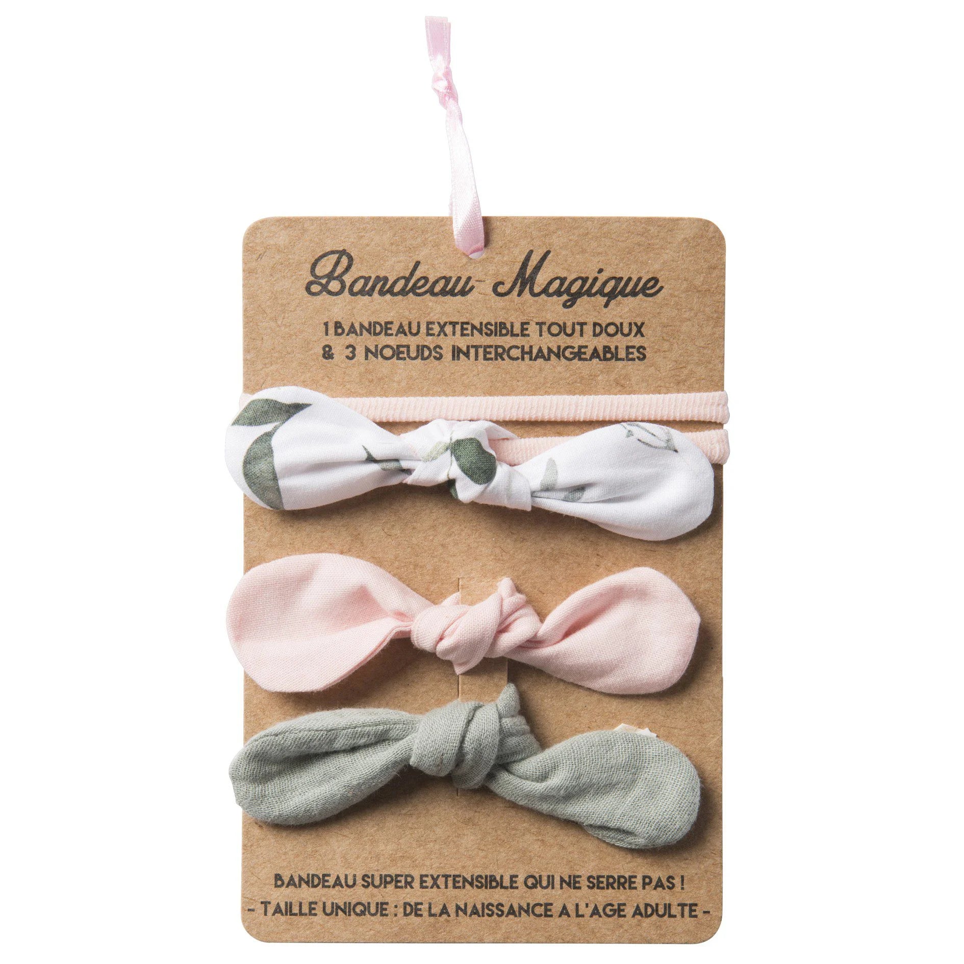 Bandeau magique (1 bandeau extensible + 3 nœuds) – assort. botanique