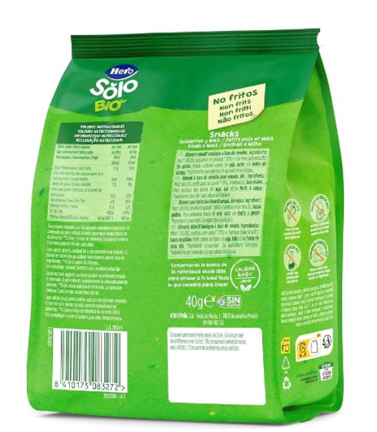 Hero Solo BIO - Snack Petit Pois Biologiques - pour Bébés Dès 10 Mois