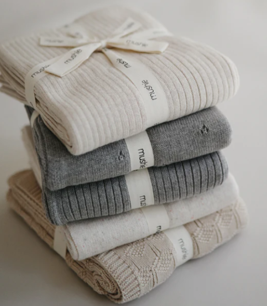 Couverture tricotée pour bébé Mushie - Gris mélangé côtelé