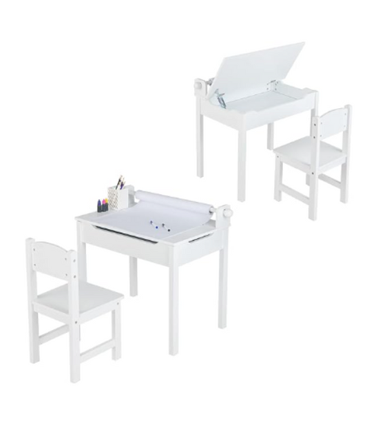 COSTWAY Bureau pour Enfants avec Tabouret & Plateau Rabattable, Table à Dessin en Pin Polyvalent avec Rouleau de Papier, Espace Caché, Poignées Découpées pour Enfants de 3 Ans+ (Blanc)