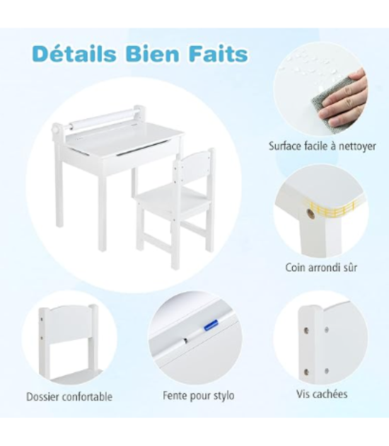 COSTWAY Bureau pour Enfants avec Tabouret & Plateau Rabattable, Table à Dessin en Pin Polyvalent avec Rouleau de Papier, Espace Caché, Poignées Découpées pour Enfants de 3 Ans+ (Blanc)