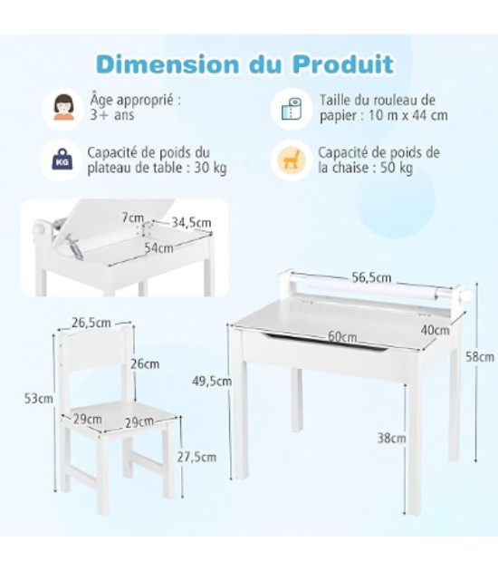 COSTWAY Bureau pour Enfants avec Tabouret & Plateau Rabattable, Table à Dessin en Pin Polyvalent avec Rouleau de Papier, Espace Caché, Poignées Découpées pour Enfants de 3 Ans+ (Blanc)