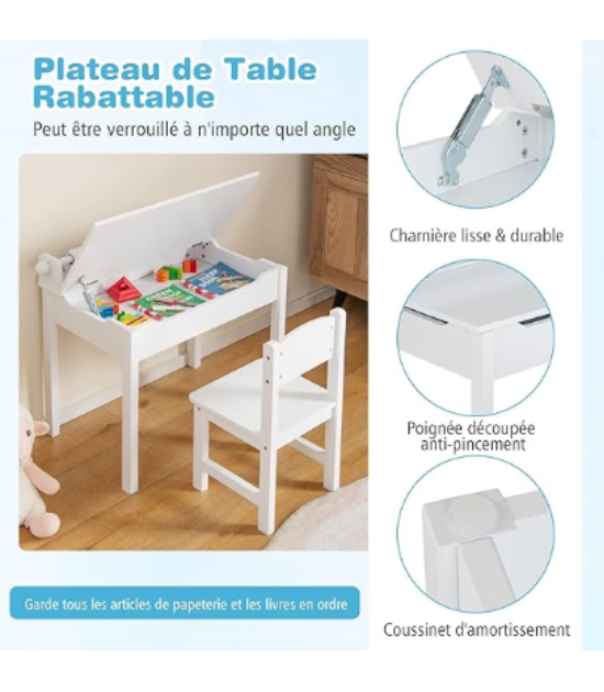 COSTWAY Bureau pour Enfants avec Tabouret & Plateau Rabattable, Table à Dessin en Pin Polyvalent avec Rouleau de Papier, Espace Caché, Poignées Découpées pour Enfants de 3 Ans+ (Blanc)