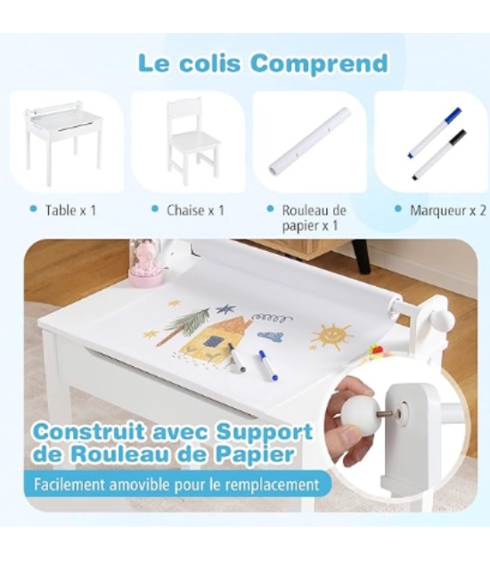 COSTWAY Bureau pour Enfants avec Tabouret & Plateau Rabattable, Table à Dessin en Pin Polyvalent avec Rouleau de Papier, Espace Caché, Poignées Découpées pour Enfants de 3 Ans+ (Blanc)