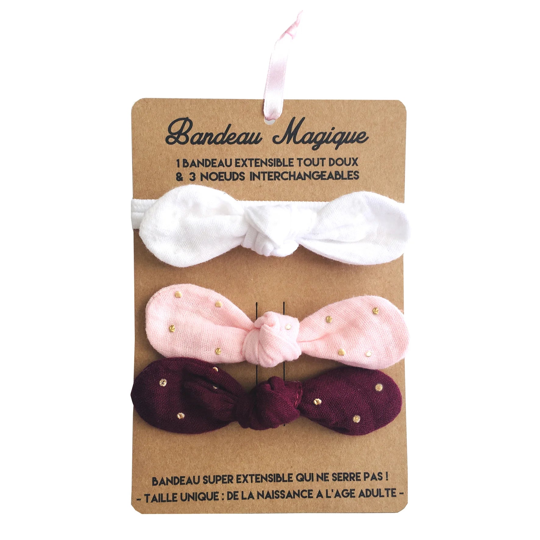 Bandeau magique (1 bandeau extensible + 3 nœuds) – assortiment chic