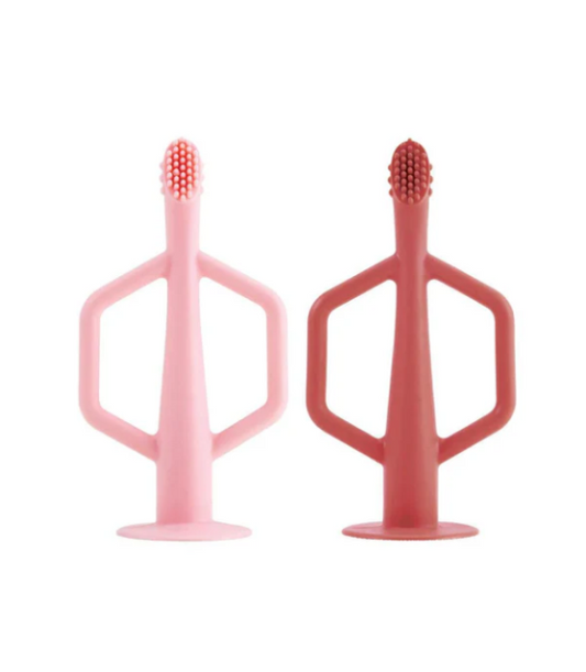 Lot de 2 brosses à dents d'apprentissage en silicone - Rose / Bordeaux